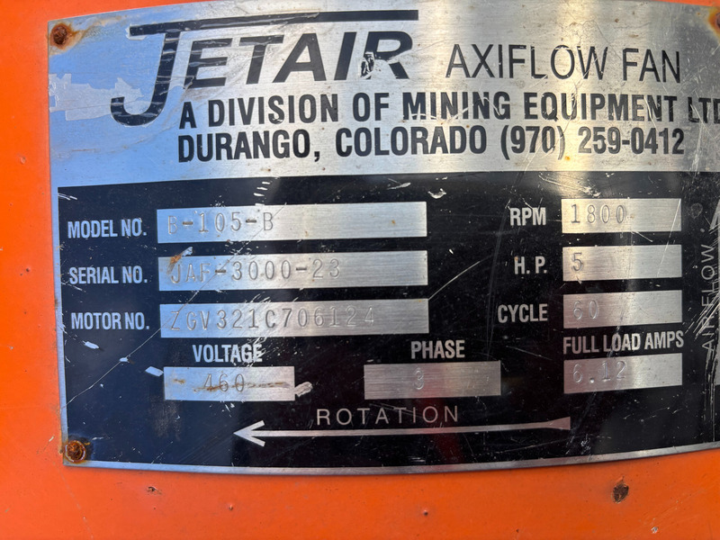 Jetair #B-105-B, Axiflow Mining Ventilation Fan, 5 HP, 1800 RPM, 460 Volts, 3PH, 2022 - Image 2