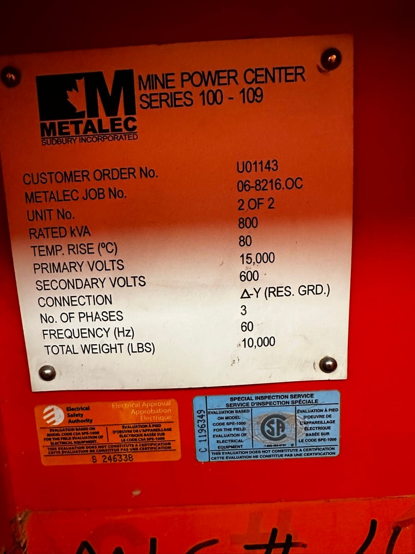 Metalec, Underground Substation/Mine Power Center, 800 KVA, 15,000 Pri., 600 Sec., 3PH, (4 available) - Image 3