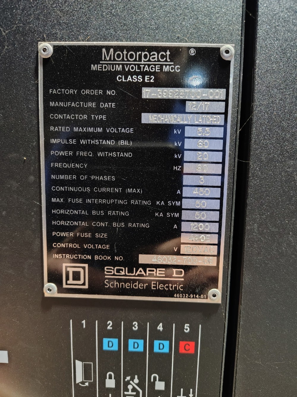 Square D Motorpact, Class E2, Mechanically Latched, 450 Amp, 5.5 KV, 1200 Amp Bus, Medium Voltage Motor - Image 5