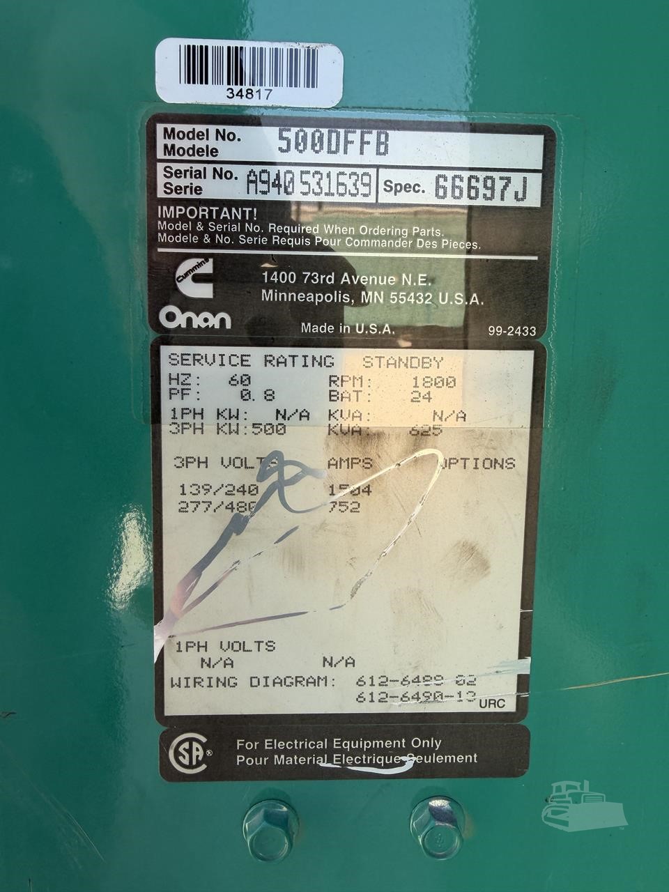 500 KW Cummins #500DFFB, Diesel Generator Set, 277/480 Volts, Cummins KTTA19G2 engine, 3PH, standby, 640 hours - Image 8