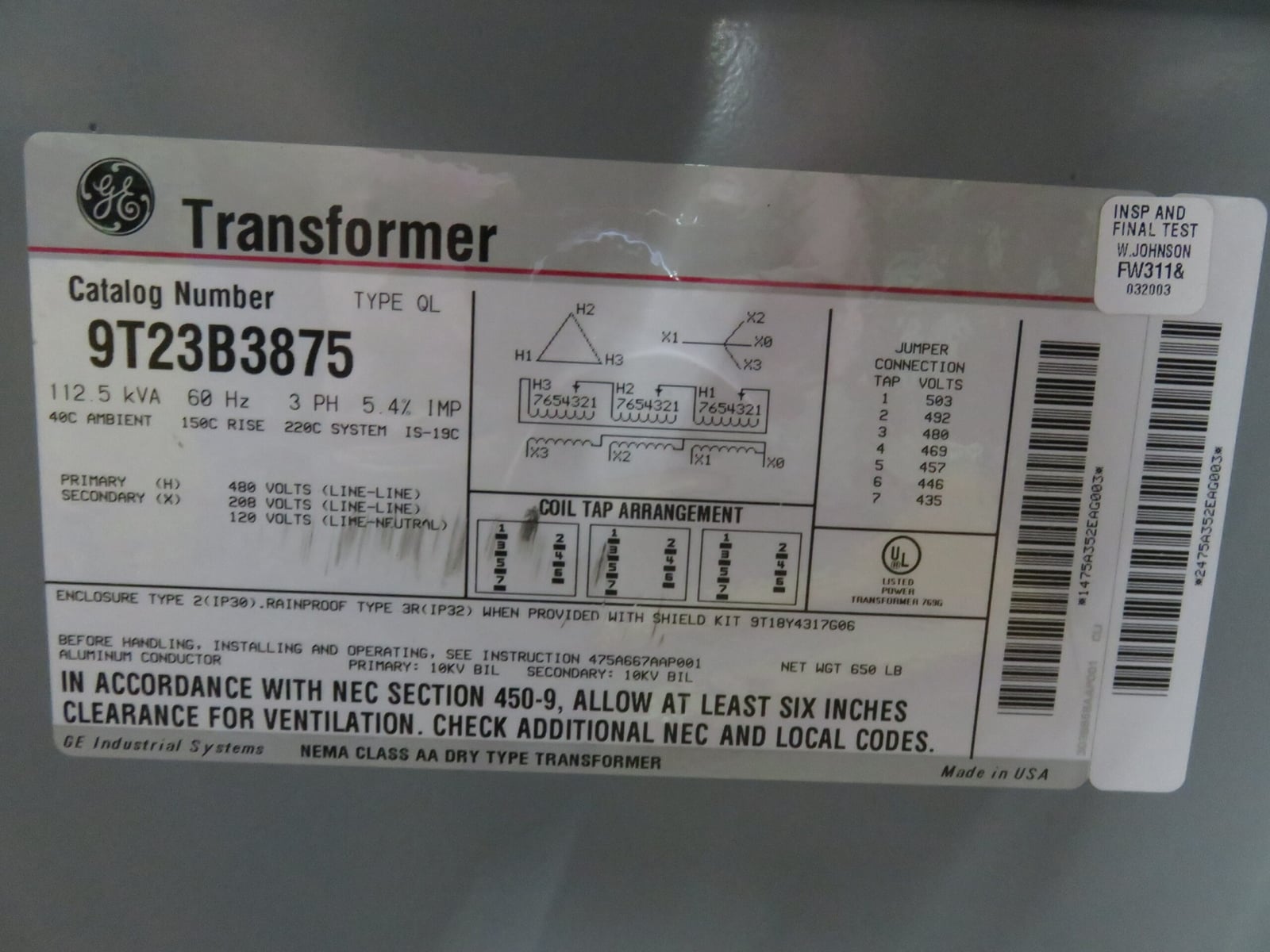 112.5 KVA 480 Primary, 208/120 Secondary, General Electric #9T23B3875, Transformer, 3 Phase, Class AA - Image 2