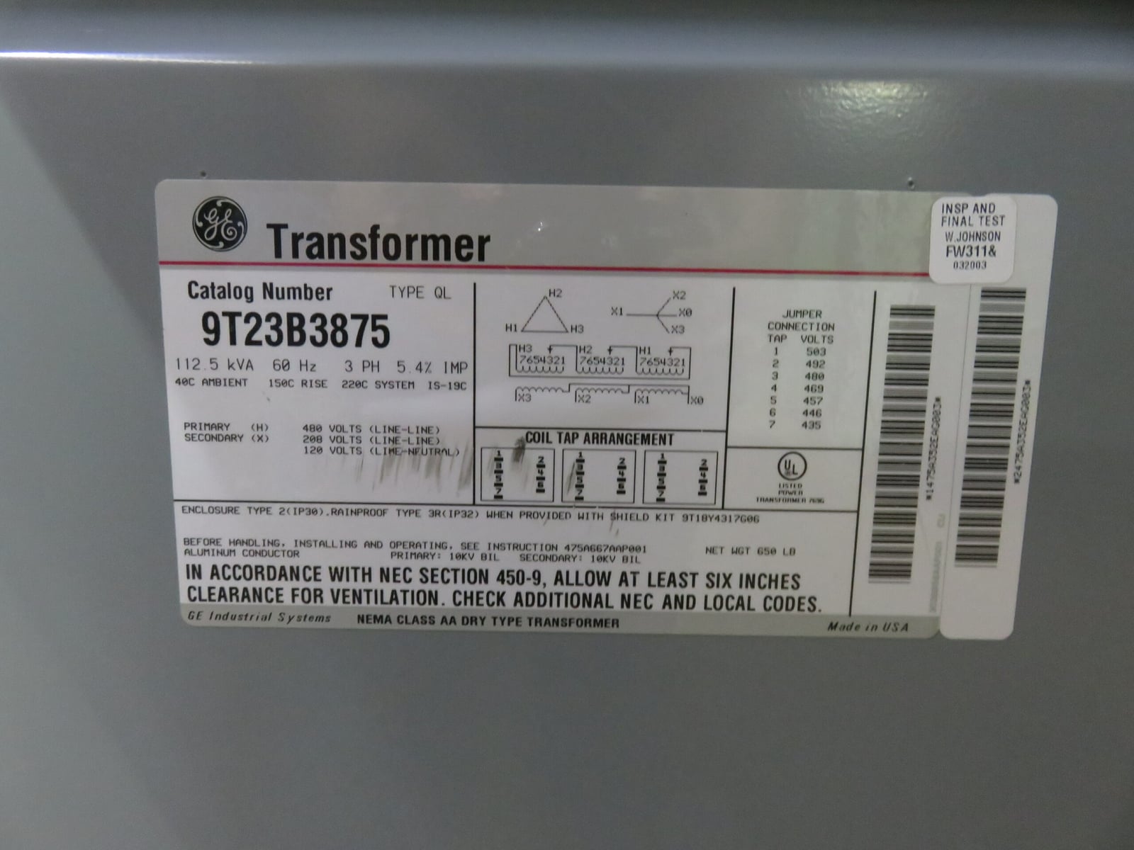 112.5 KVA 480 Primary, 208/120 Secondary, General Electric #9T23B3875, Transformer, 3 Phase, Class AA - Image 4