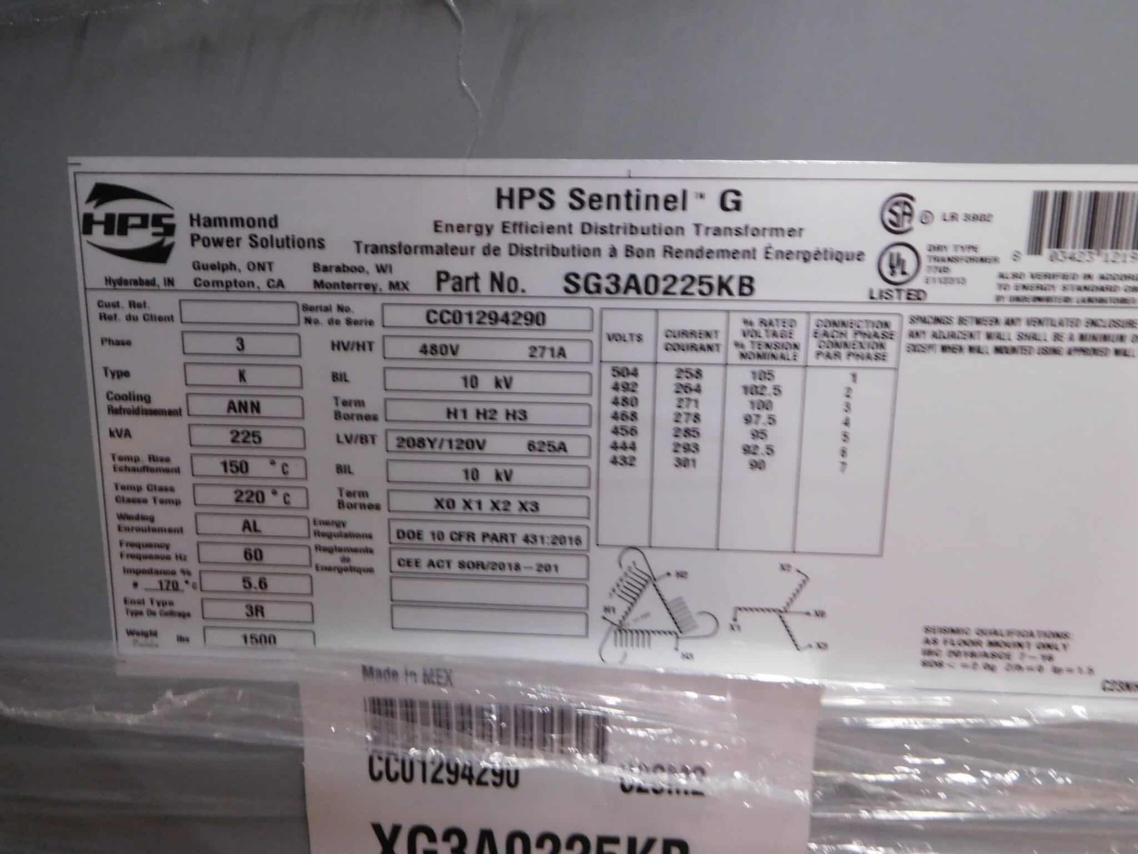 225 KVA 480 Primary, 208Y/120 Secondary, Hammond #SG3A0225KB, Type K Transformer, 3 Phase, NEMA 3R, new - Image 2