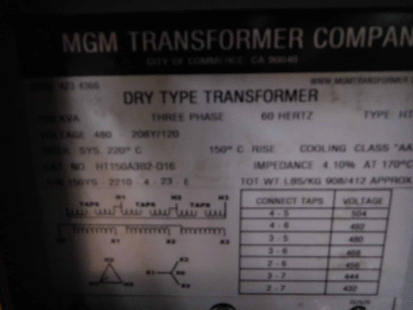 150 KVA 480 Primary, 208Y/120 Secondary, MGM #HT150A3B2-D16, Transformer, 3 Phase, Class AA, new - Image 2