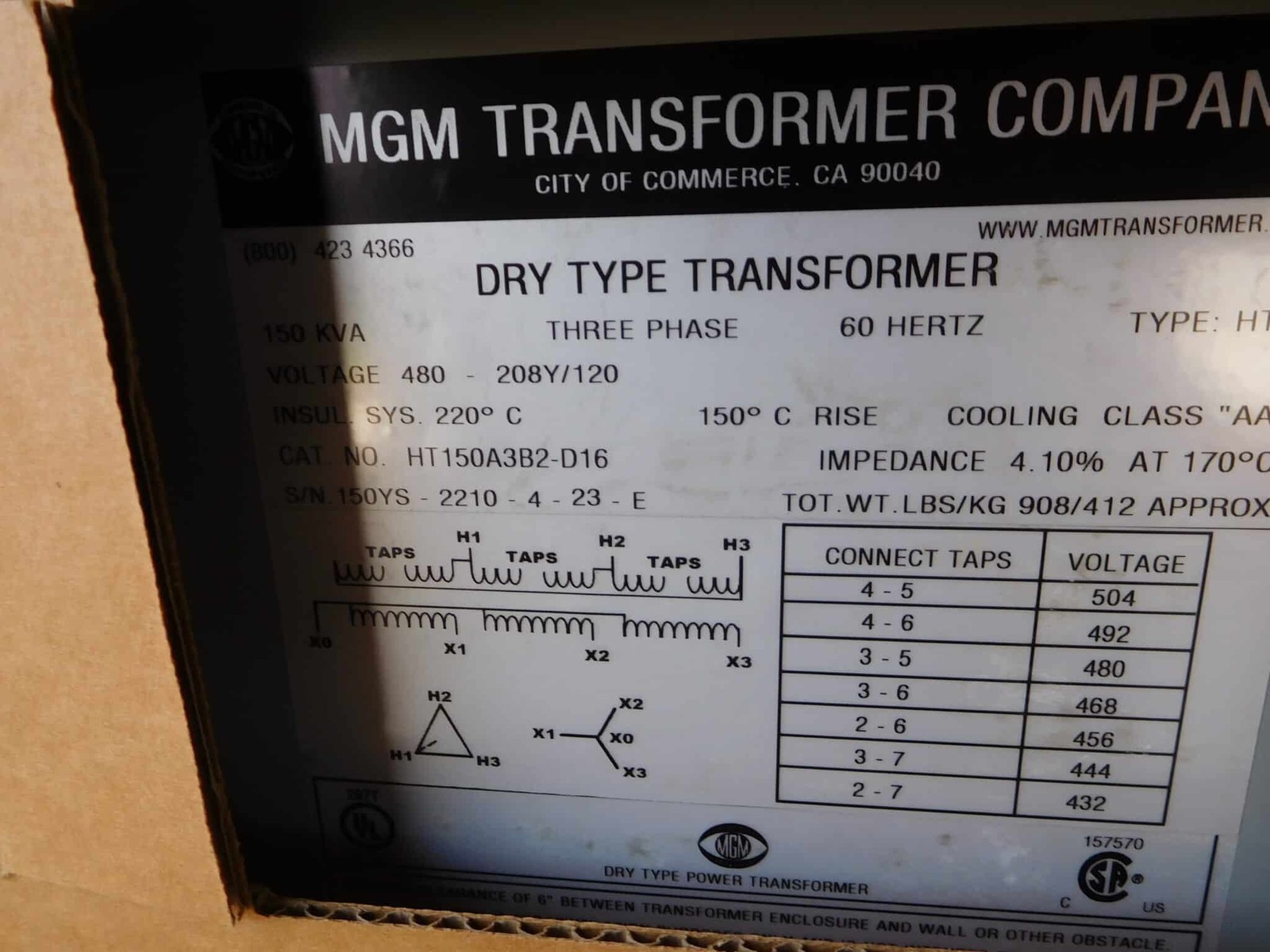 150 KVA 480 Primary, 208Y/120 Secondary, MGM #HT150A3B2-D16, Transformer, 3 Phase, Class AA, new - Image 4