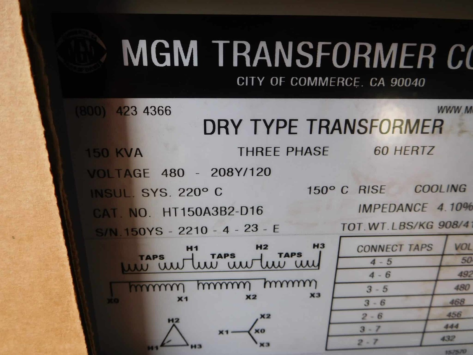 150 KVA 480 Primary, 208Y/120 Secondary, MGM #HT150A3B2-D16, Transformer, 3 Phase, Class AA, new - Image 6