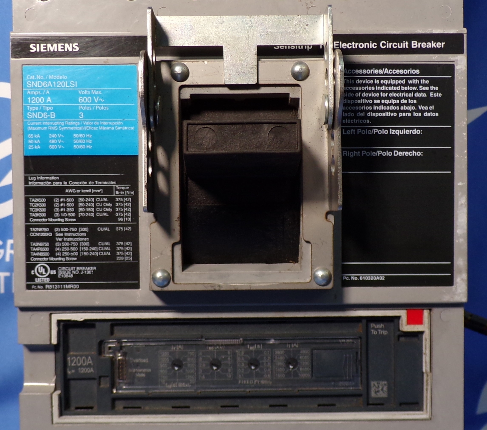 1200 Amps, Siemens #SND6A120LSI, Insulated Case Circuit Breaker, 3-pole, 600 Volts, 1200 Amp Trip, Arcflash - Image 2