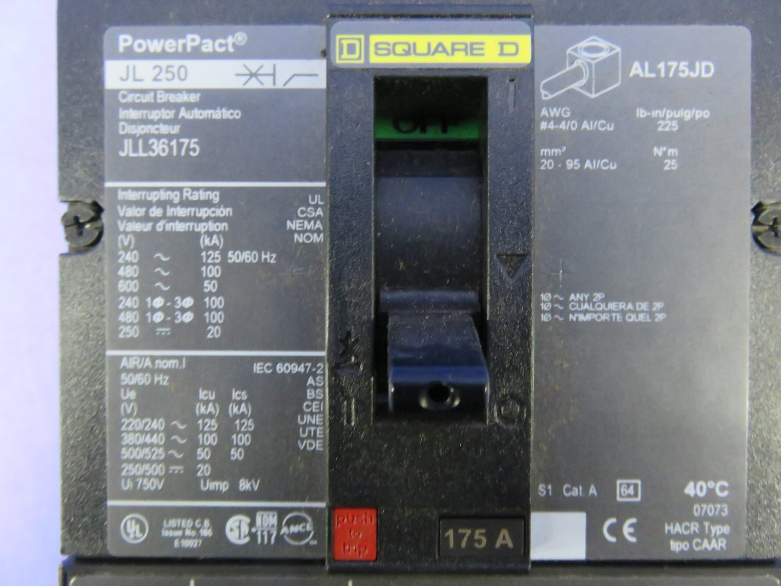 175 Amps, Square D #JLL36175, PowerPact Circuit Breaker, 3-pole, 600 Volts - Image 4