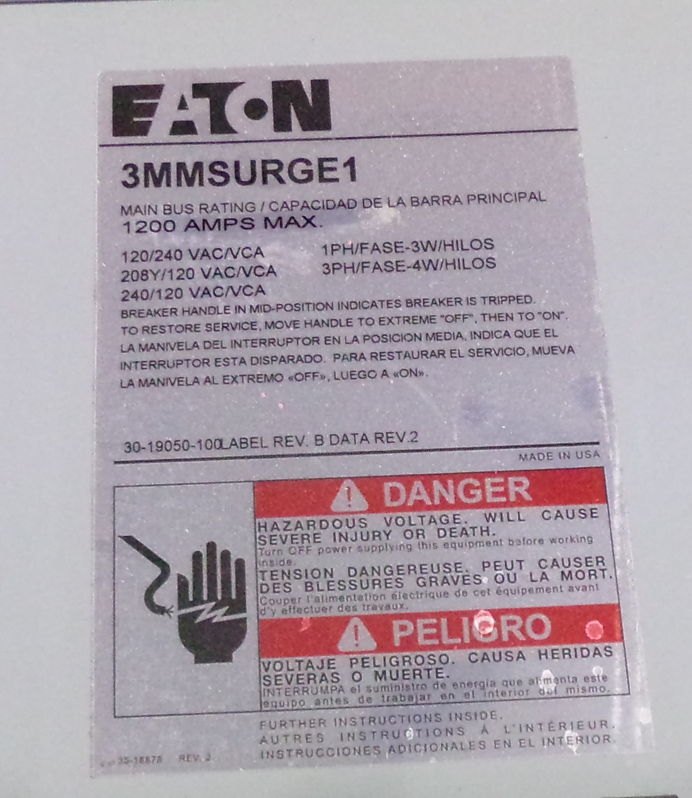 1200 Amps, Eaton #SPD100208Y1C, Surge Protective Device, 208Y/120 Volts, 1-3 phase, NEMA 3R enclosure, new - Image 3