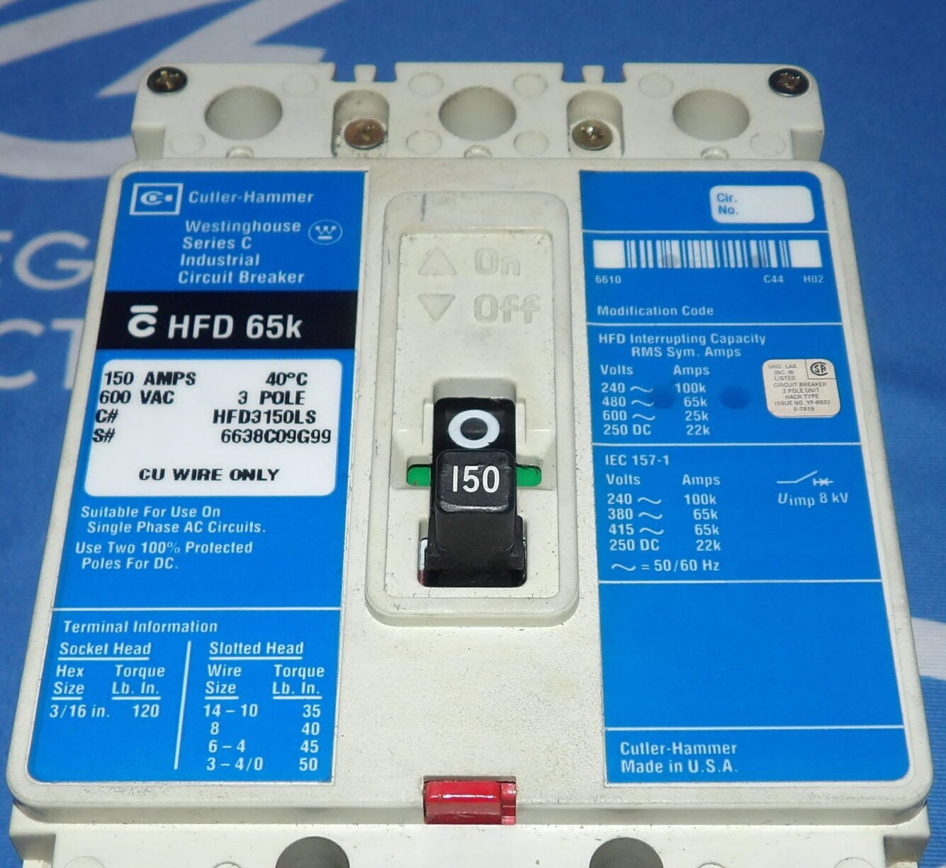 150 Amps, Cutler-Hammer #HFD3150LS, Series C Circuit Breaker, 3-pole, 600 Volts - Image 2