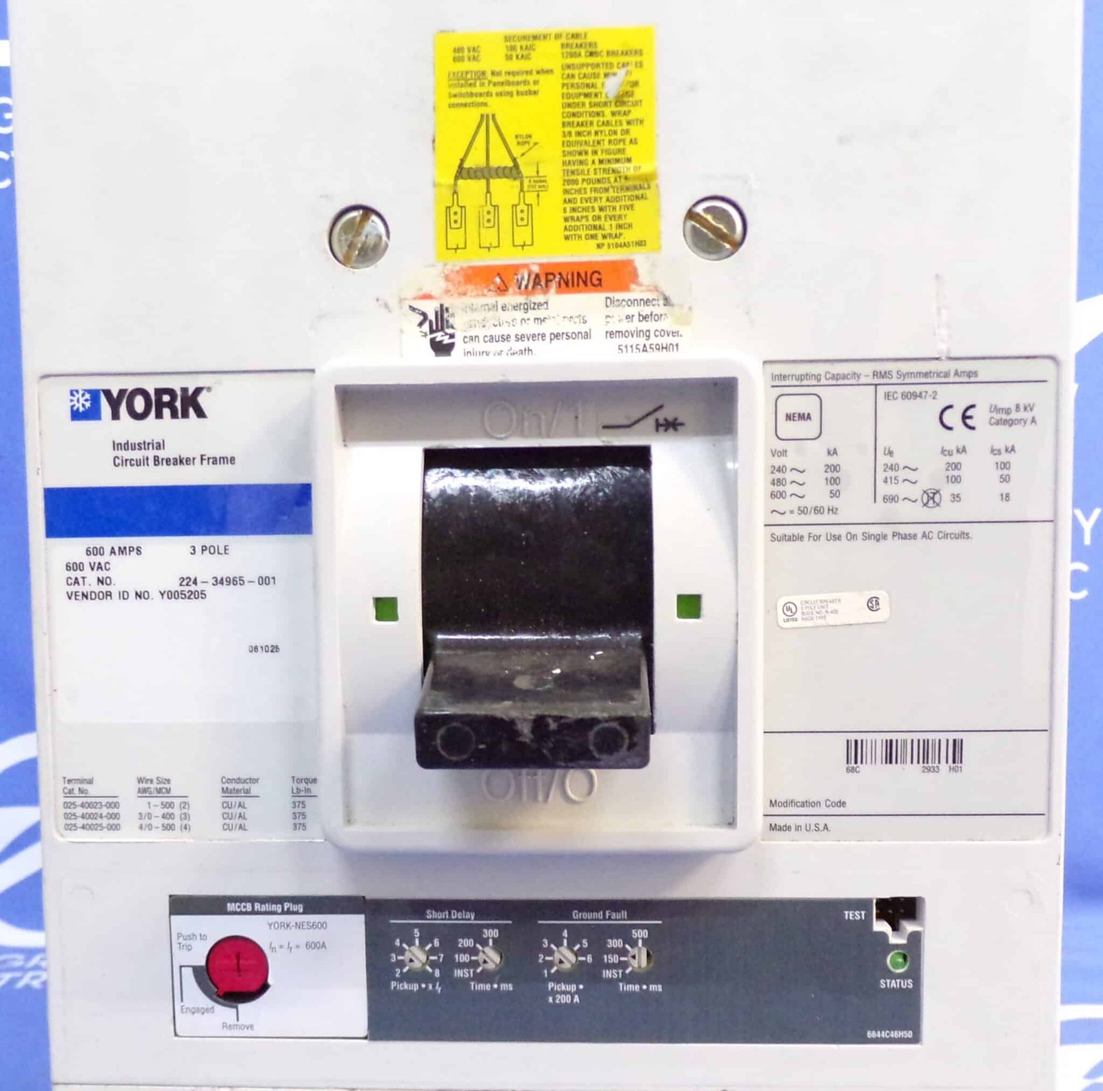 600 Amps, Johnson Controls York #224-34965-001, Circuit Breaker, 3-pole, 600 Volts, w/ adjustable trip (2 - Image 2