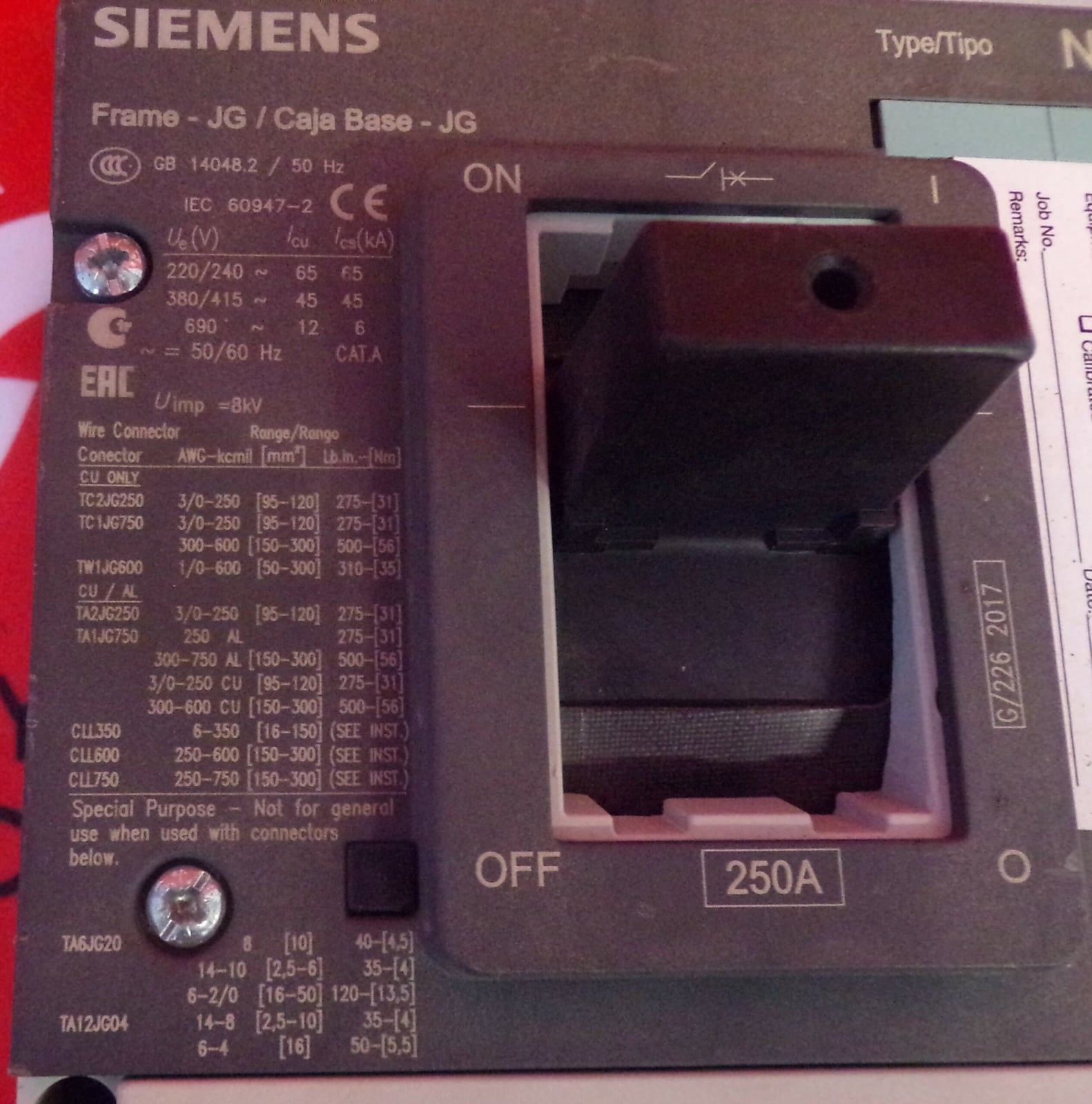250 Amps, Siemens #NJX3T250, Circuit Breaker, 3-pole, 600 Volts, w/ trip unit, bolt-on - Image 2