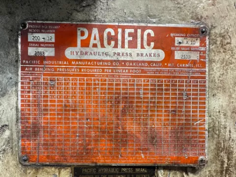 200 Ton, Pacific #200-12, Hydraulic Press Brake, 12' overall, 12" stroke, 125" between housing, 8.25" throat - Image 5