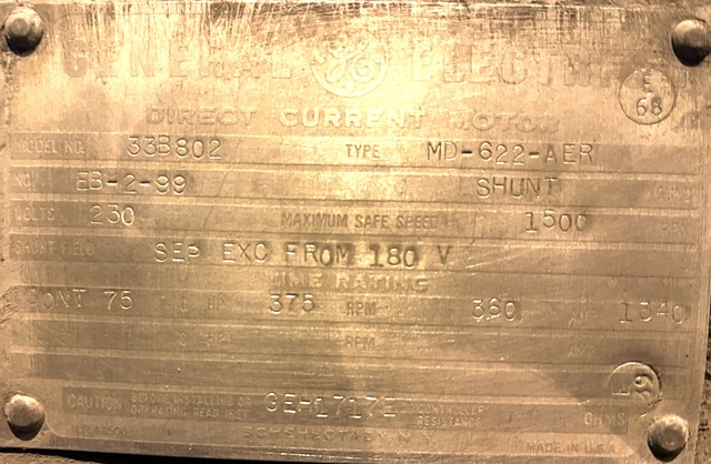 375 HP 360 RPM General Electric, Frame MD622AER, TEFV, Shunt, 230 Volts, DC Crane and Mill Motor - Image 3