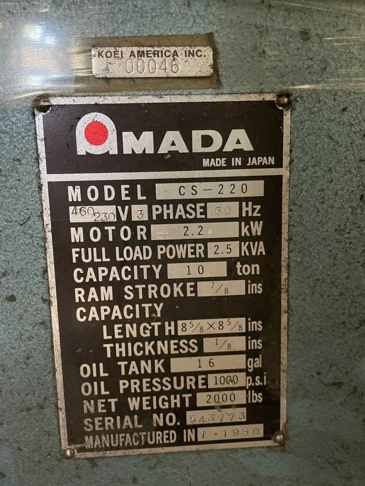 1/8" x 8-5/8" x 8-5/8" Amada #CS-220, hydraulic corner notcher, 10 Ton, 36 SPM, 7/8" stroke, 1,000 psi - Image 2