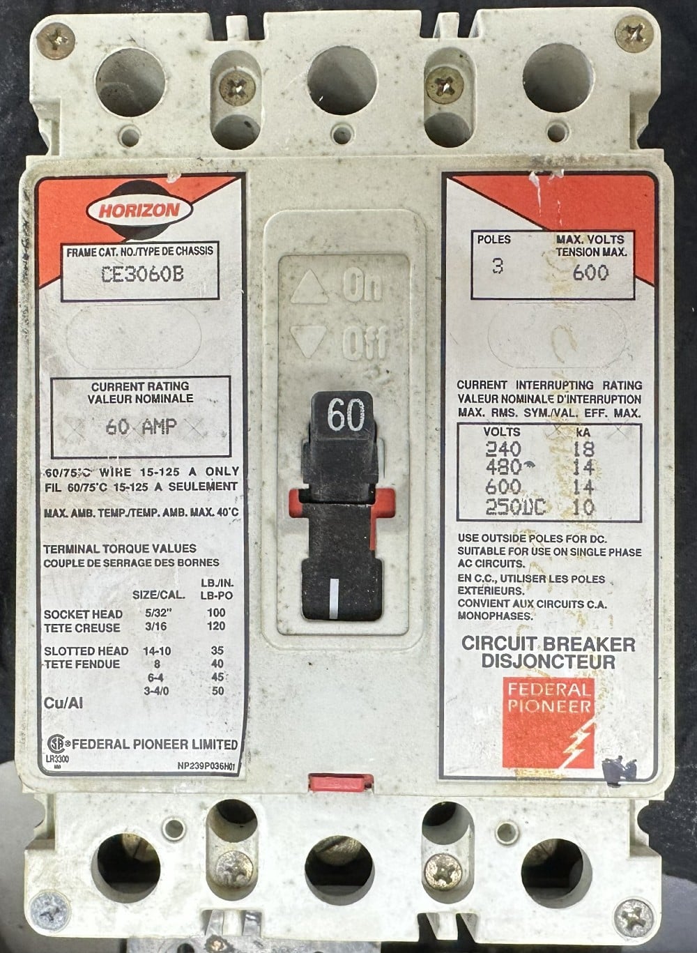 Federal Pioneer Ltd., (Horizon Series) 60A, 3-Pole, 600V Max., Molded Case Circuit Breaker - Image 1