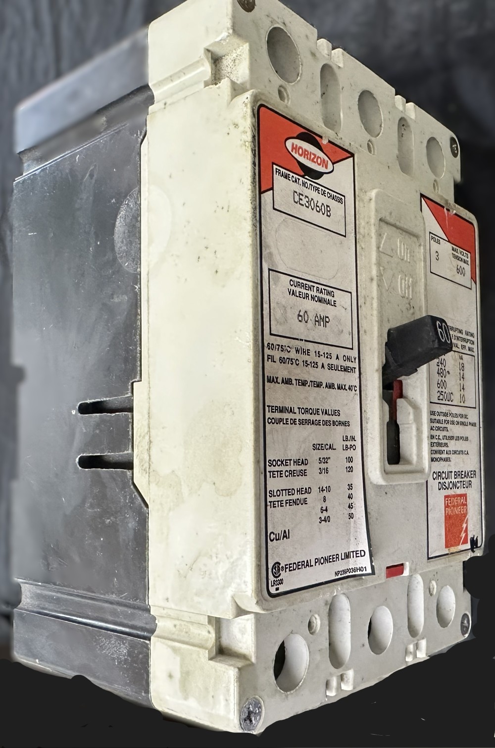 Federal Pioneer Ltd., (Horizon Series) 60A, 3-Pole, 600V Max., Molded Case Circuit Breaker - Image 2
