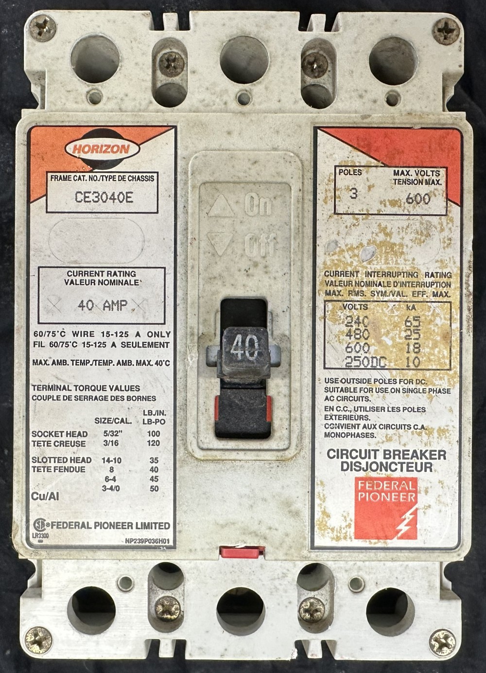 Federal Pioneer Ltd., (Horizon Series) 40A, 3-Pole, 600V Max., Molded Case Circuit Breaker - Image 3