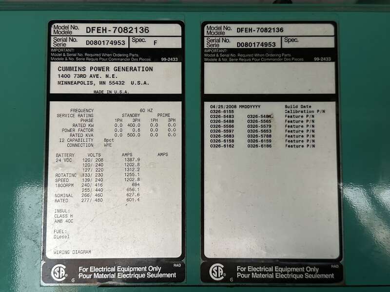 400 KW Cummins #DFEH, diesel generator set, 277/480 Volts, 755 HP @ 1800 RPM, QSX15-G9 NR2 engine, 410 hours - Image 10