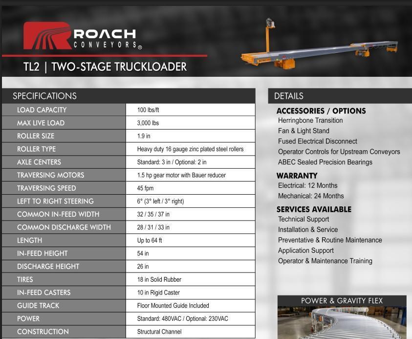 35" wide x 64' long, Roach #TL2, truckloader 2-stage powered telescoping roller conveyor - Image 4