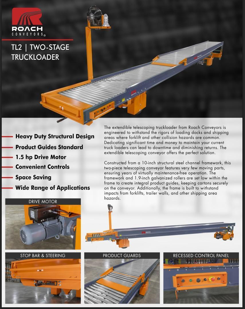 35" wide x 64' long, Roach #TL2, truckloader 2-stage powered telescoping roller conveyor - Image 5