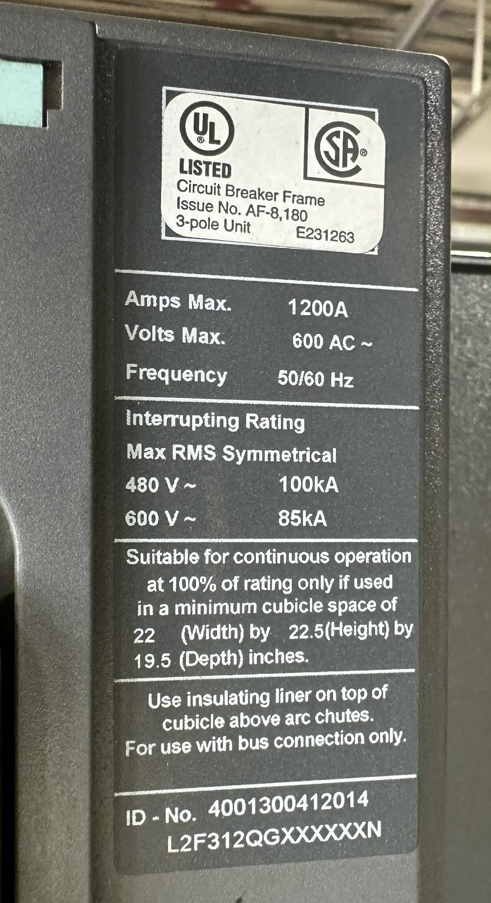 Siemens / Cubicle Bus, 1200A Frame, 3-Pole Draw-Out Air Circuit Breaker, 600V, Electronic Trip Unit - Image 5
