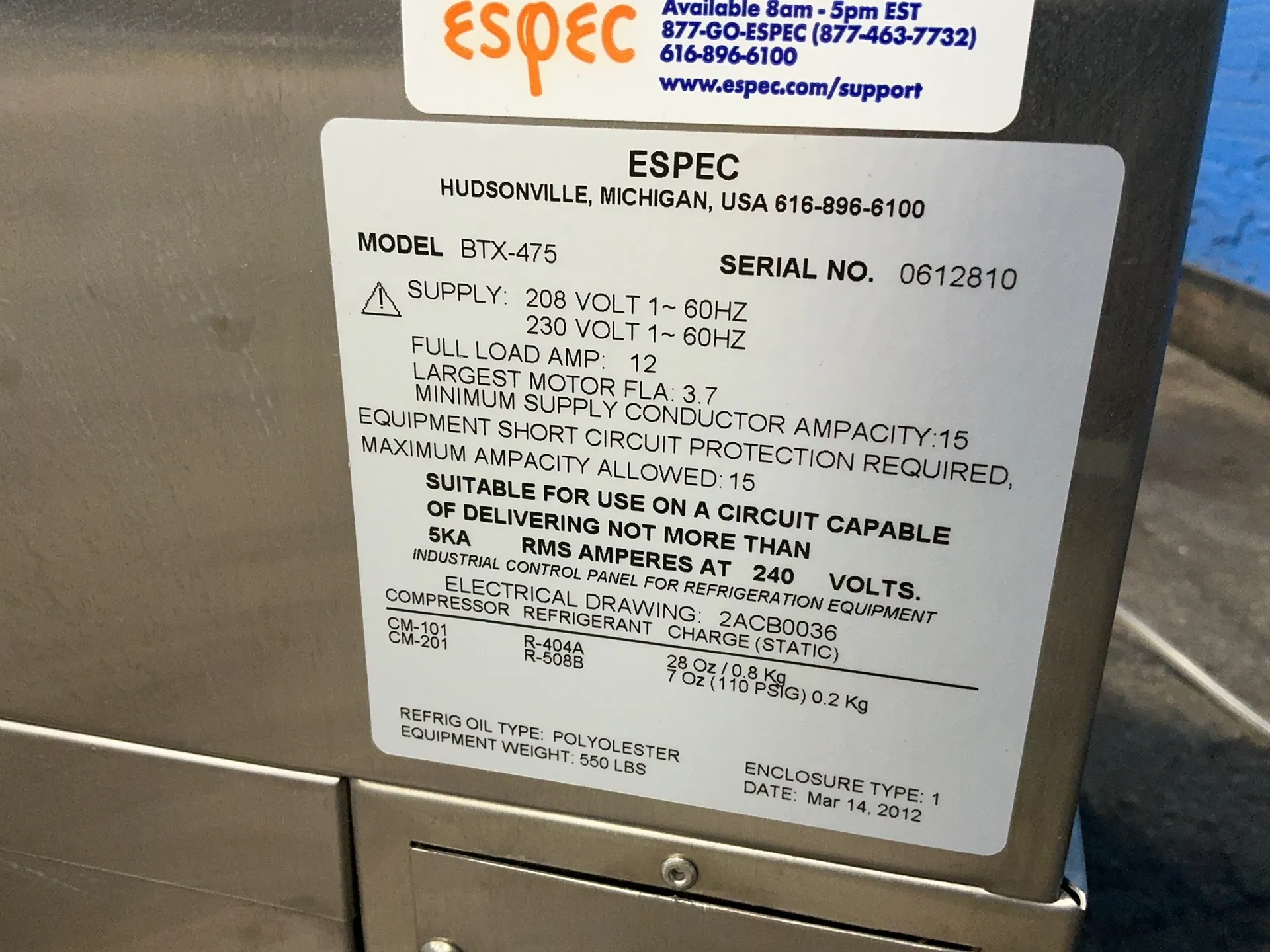 24" width x 14" D x 60" H Espec #BTX-475, Environmental Chamber, 12 A, R-404A, R-508B, 2012 - Image 3