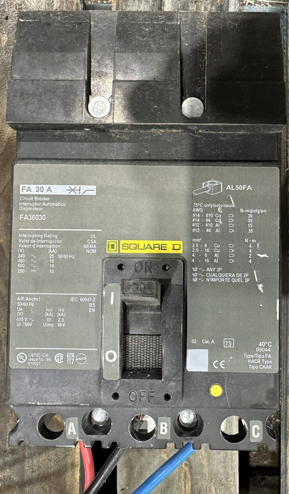 Square D Co., FA36030, 30 A, 3-Pole, 600V, Thermal Magnetic Circuit Breaker, Type FA, Series 2 - Image 3