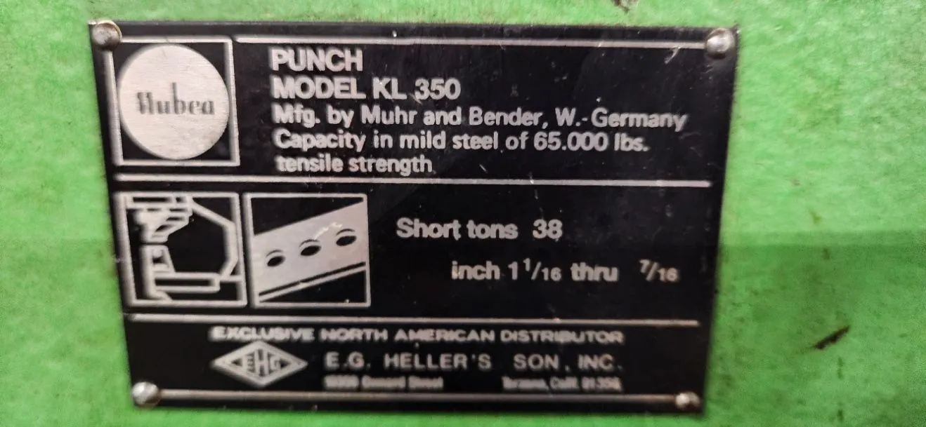 38 Ton, Mubea #KL-350, Single End Punch, 8" throat, 15/16" stroke, 72 SPM, 2 HP, 1983 - Image 5