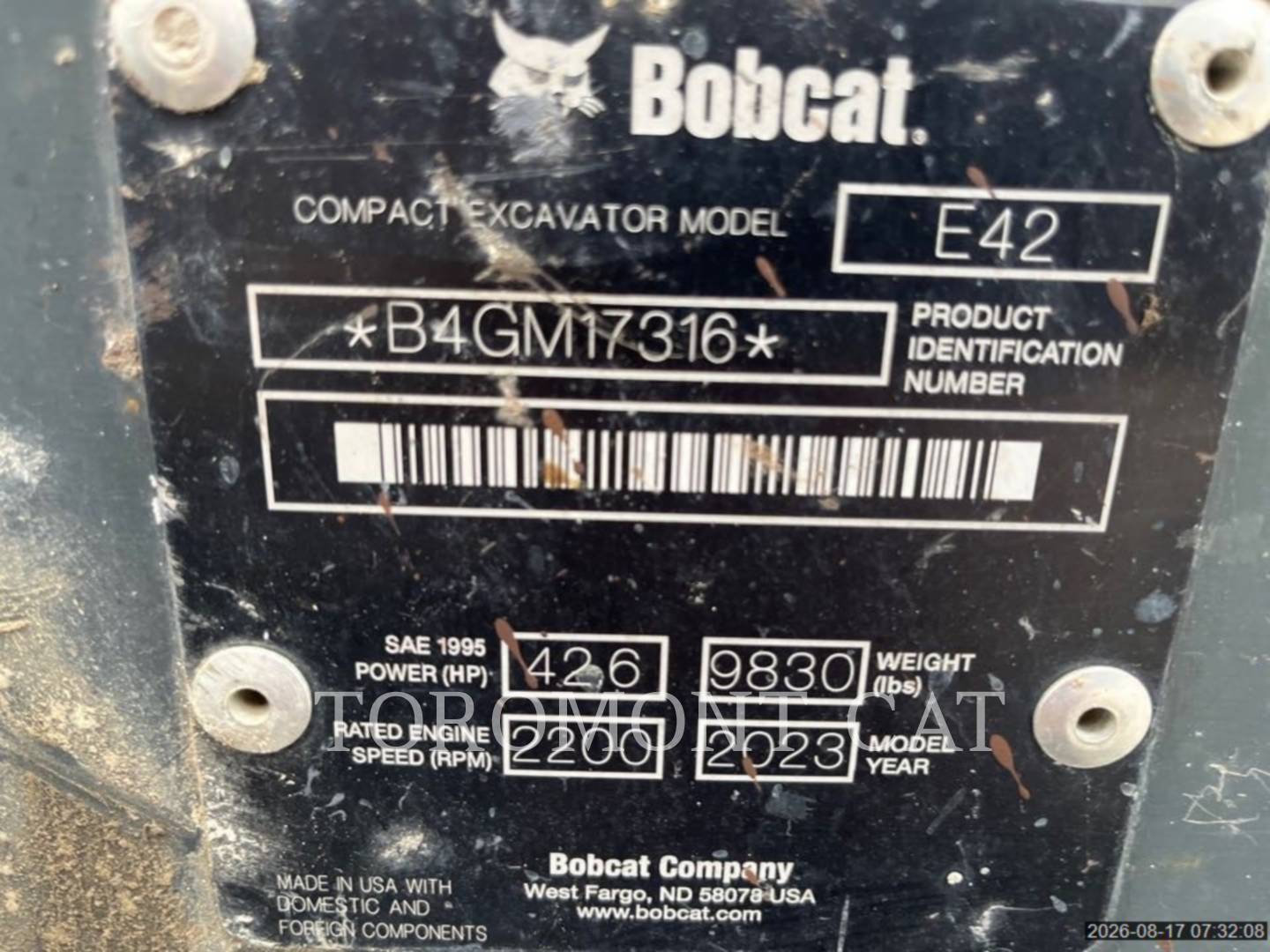 Bobcat E42, Mini Excavator, 2200 hours, S/N: B4GM17316, 2023 - Image 6