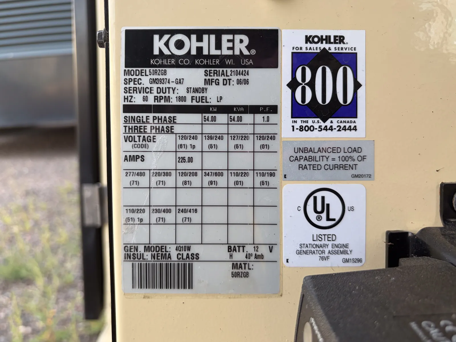 54 KW Kohler / Rehlko #GM-5.0L, liquid propane generator, WPE/SAE, 120/240 Volts, 714 hours, 2006 - Image 5