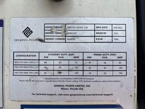 48 KW John Deere #GPR-J50-60T4iF-3SA, 277/480 Volts, 3-phase, 1800 RPM, John Deere 4045TF290, 4 cyl, 2022 (2 - Image 4