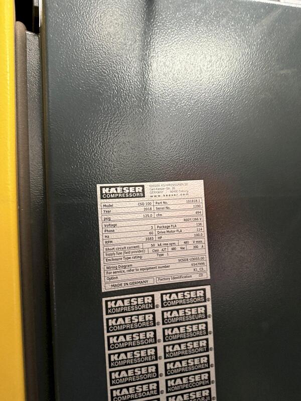494 cfm, 125 psig, Kaeser #CSD-100, Rotary Screw Air Compressor, air cooled, 100 HP, 3585 RPM, 460Y/266 Volt - Image 3