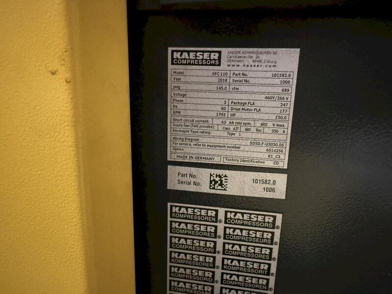 689 cfm, 145 psig, Kaeser #SFC-110, Rotary Screw Air Compressor, air cooled, 150 HP, 1793 RPM, 460Y/266 Volt - Image 2