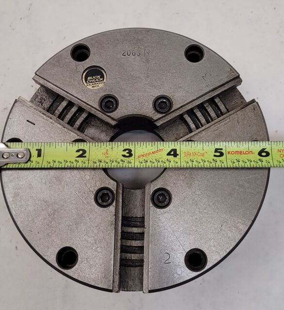 6" Buck #2063R, 3-jaw self-centering scroll lathe chuck, flat back, 1-1/2" thru hole, 3000 RPM, w/ chuck key - Image 5