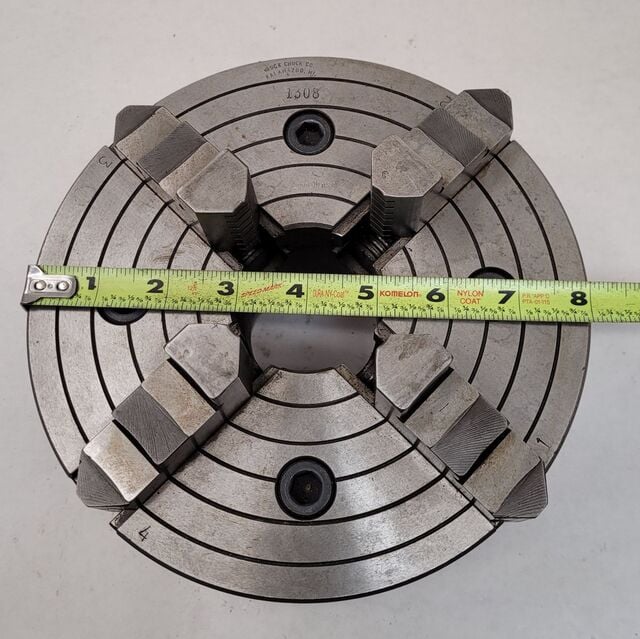 8" Buck #1308, 4-jaw lathe chuck, D1-4 Camlock back, 2" thru hole, 1800 RPM, w/ chuck key - Image 4