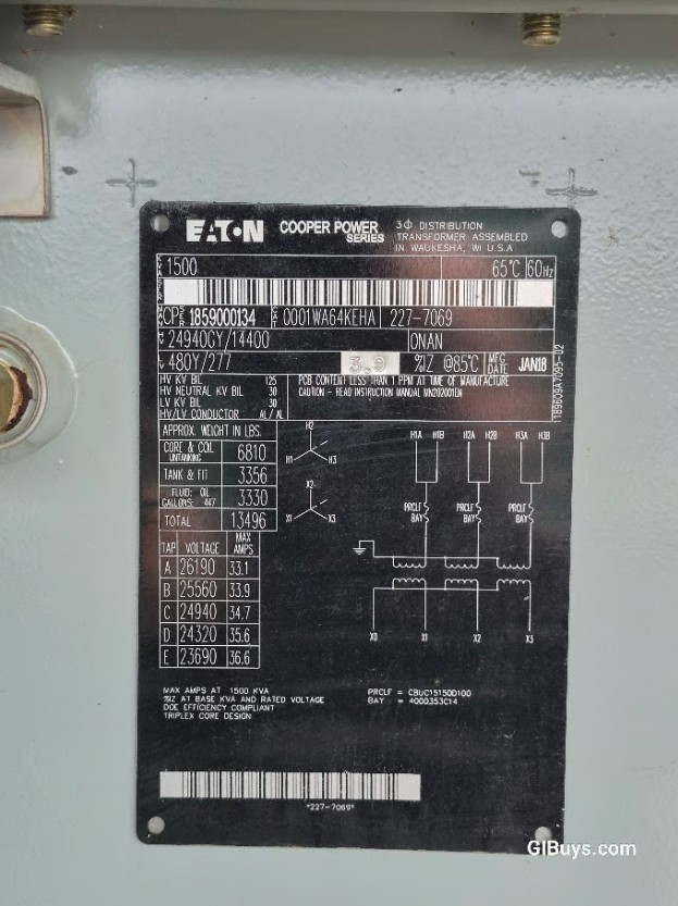 1500 KVA 24940GY/14400 Primary, 480Y/277 Secondary, Eaton, Pad-Mounted Transformer, 3PH, Triplex Core - Image 2