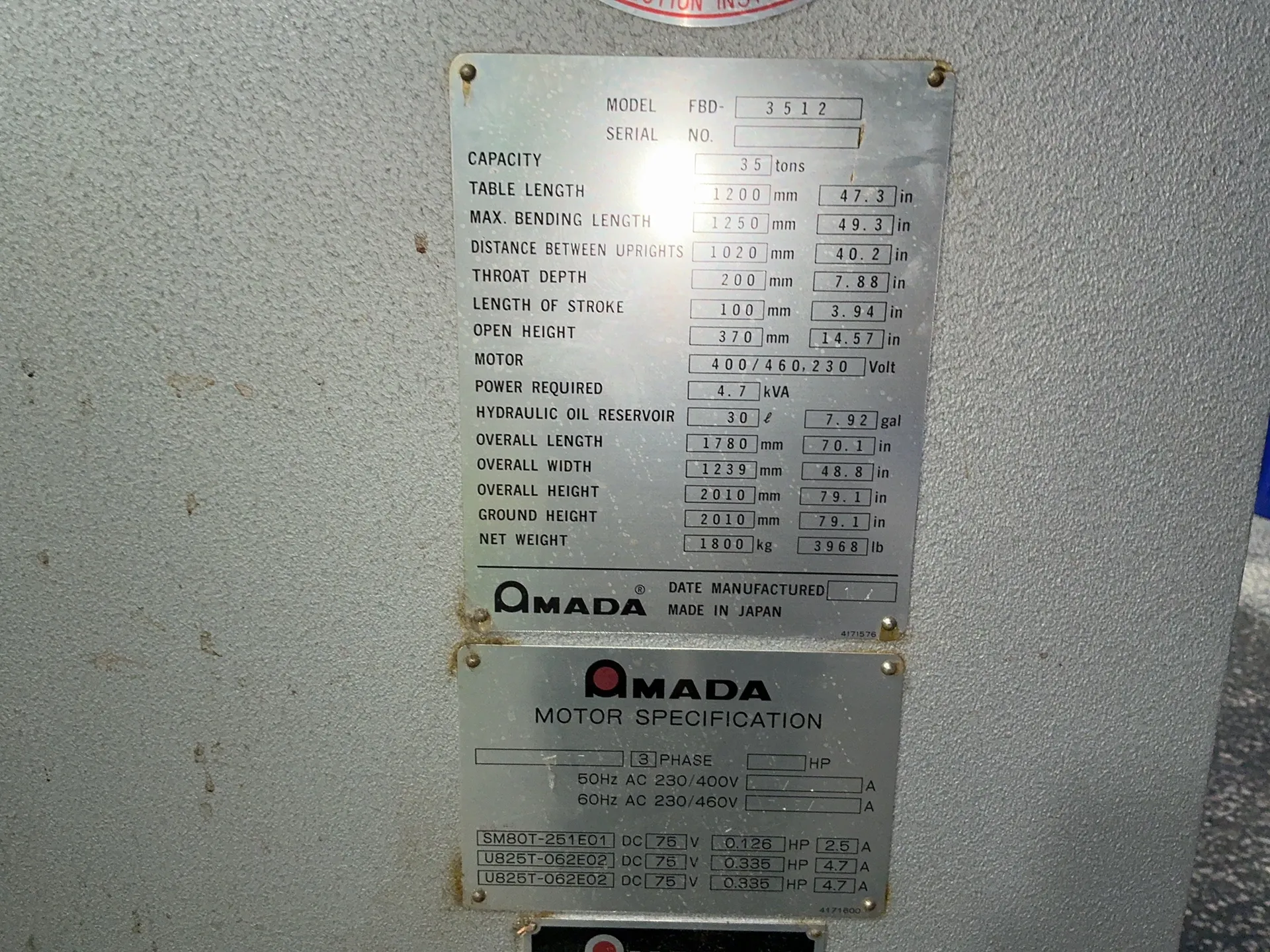 35 Ton, Amada #3512, Press Brake, 2 step pedals, 230-460 V., 1987 - Image 4