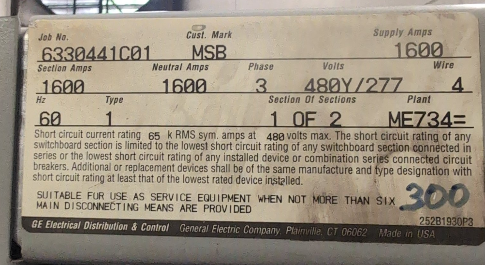 1600 Amps, General Electric #Spectra-Series, Power Break Switchboard, 480/277 Volts, 3-phase, Nema 1 - Image 2