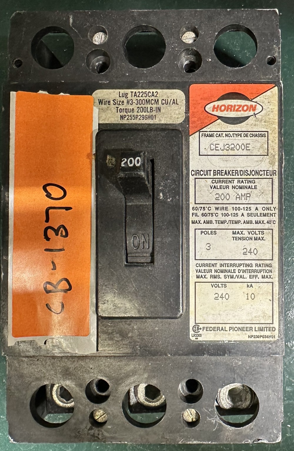 200 Amps, Federal Pioneer, Horizon Series, Molded Case Circuit Breaker, 3-Pole, Fixed / No Adjustable Trip - Image 3
