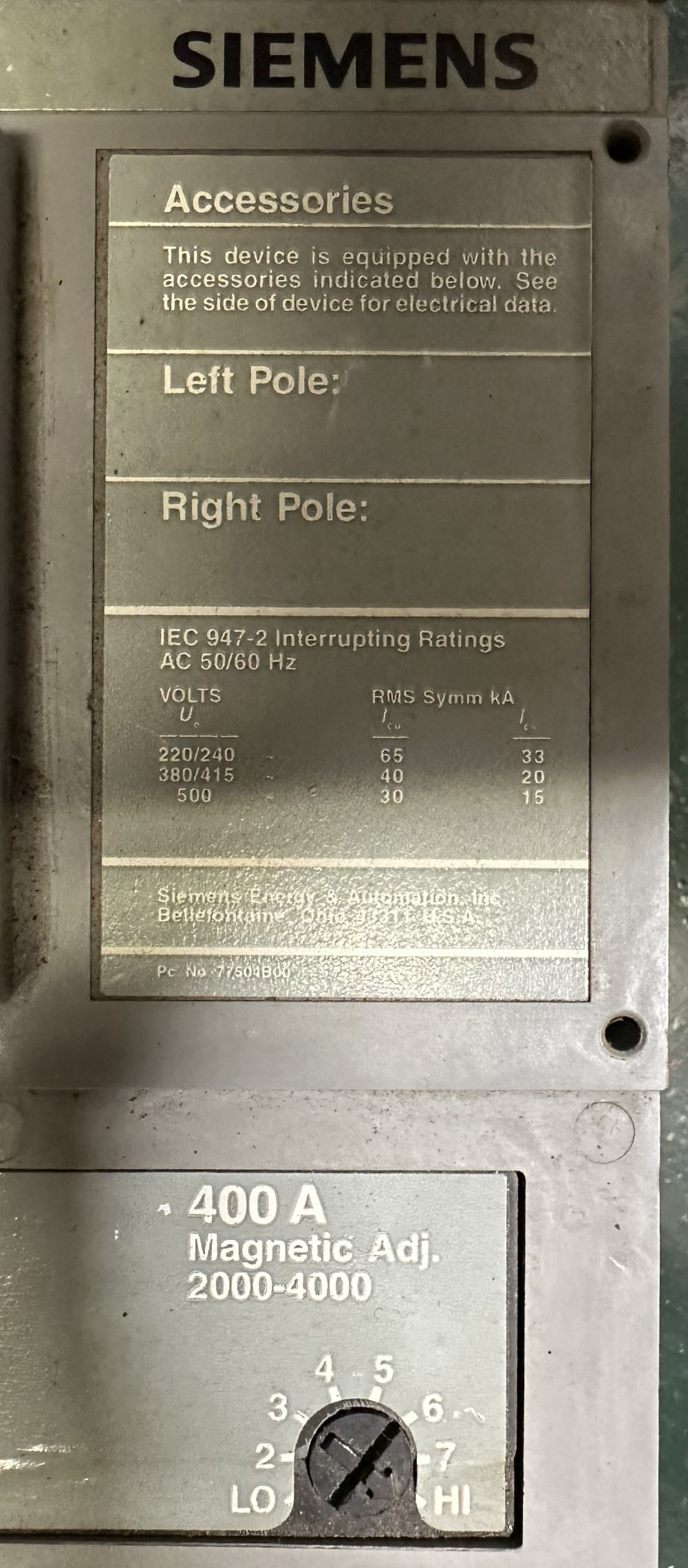 400 Amps, Siemens, Sentron Series, Molded Case Circuit Breaker, 3-Pole, Magnetic - Adjustable Trip, 600 VAC - Image 2