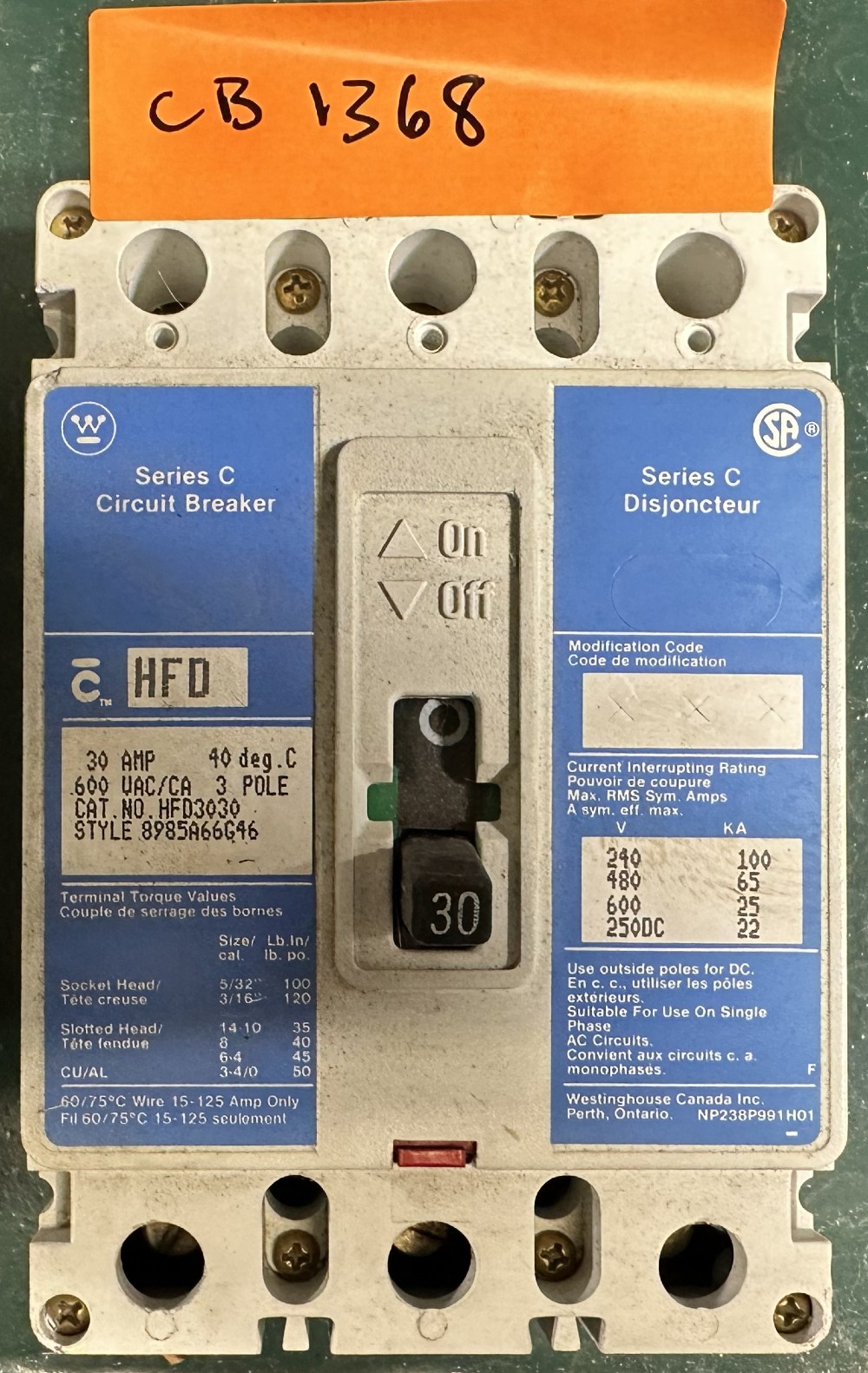 30 Amps, Westinghouse, C-Series, Molded Case Circuit Breaker, 3-Pole, Fixed / No Adjustable Trip - Image 3