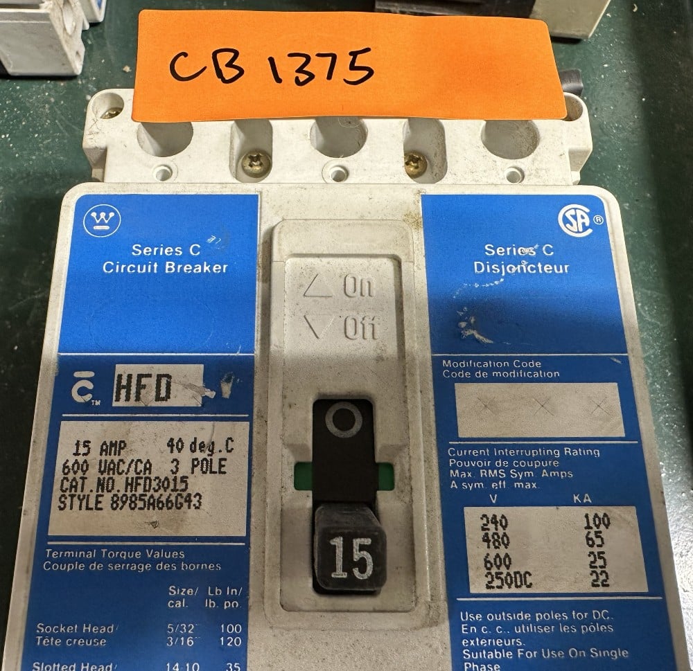 15 Amps, Westinghouse, C-Series, Molded Case Circuit Breaker, 3-Pole, Fixed / No Adjustable Trip - Image 2
