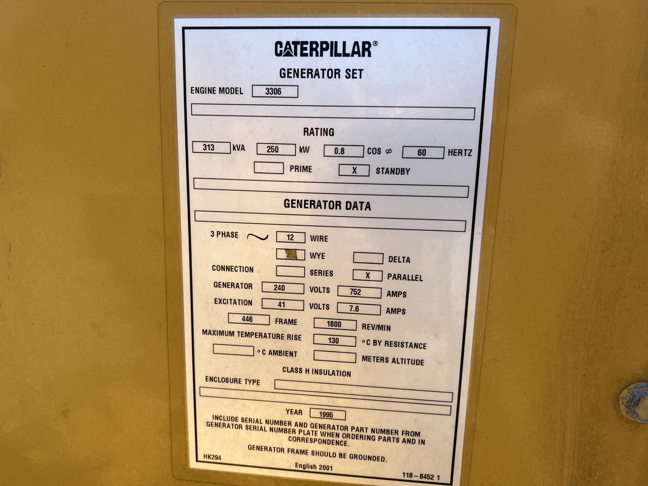 250 KW Caterpillar #SR4, diesel generator set, 3306 DITA engine, 120/208 Volts, 1/3 phase, open skid, 350 - Image 8