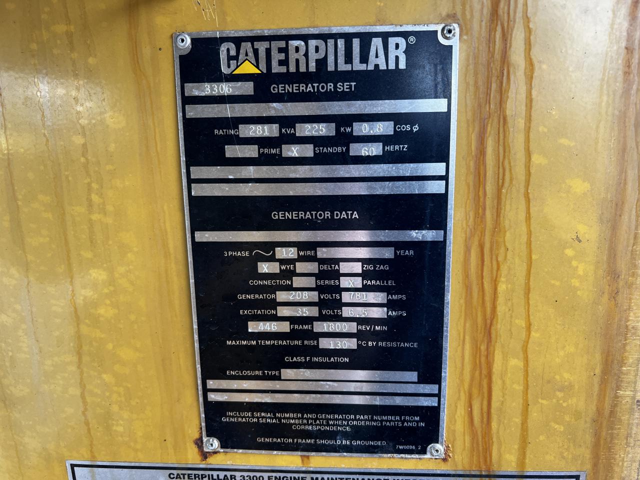 225 KW Caterpillar #SR4, diesel generator set, 3306 DI engine, 120/208 Volts, 1/3 phase, enclosed w/ muffler - Image 7