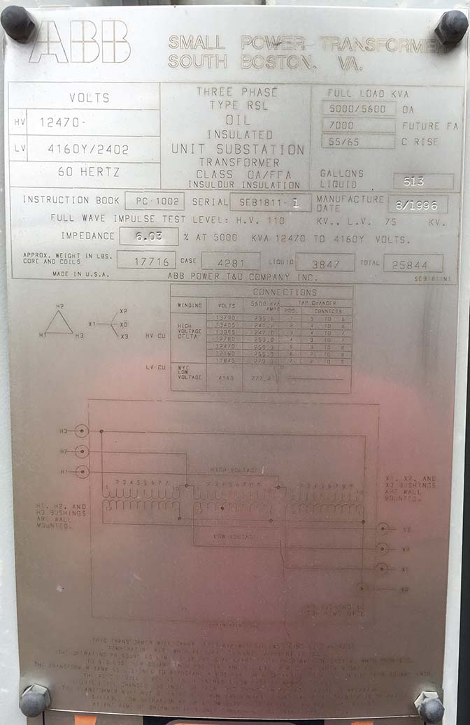5000/5600/7000 kVA, 12470 Delta Primary, 4160/2402 WYE Secondary, ABB Substation - Image 1