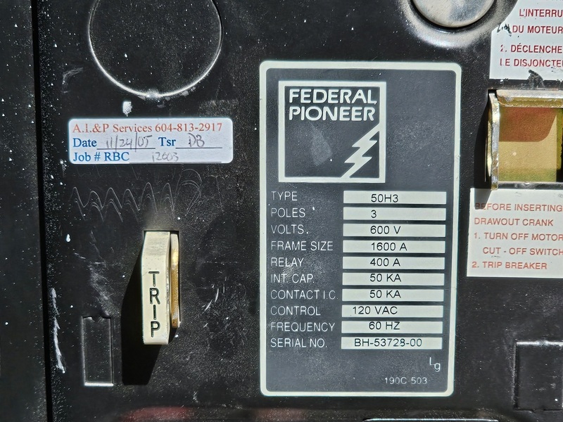 1600 Amps, Federal Pioneer, 50H3, 3-Pole Air Circuit Breaker, 400 amp trip, 800 amp sensor, 50 kA, draw-out - Image 2