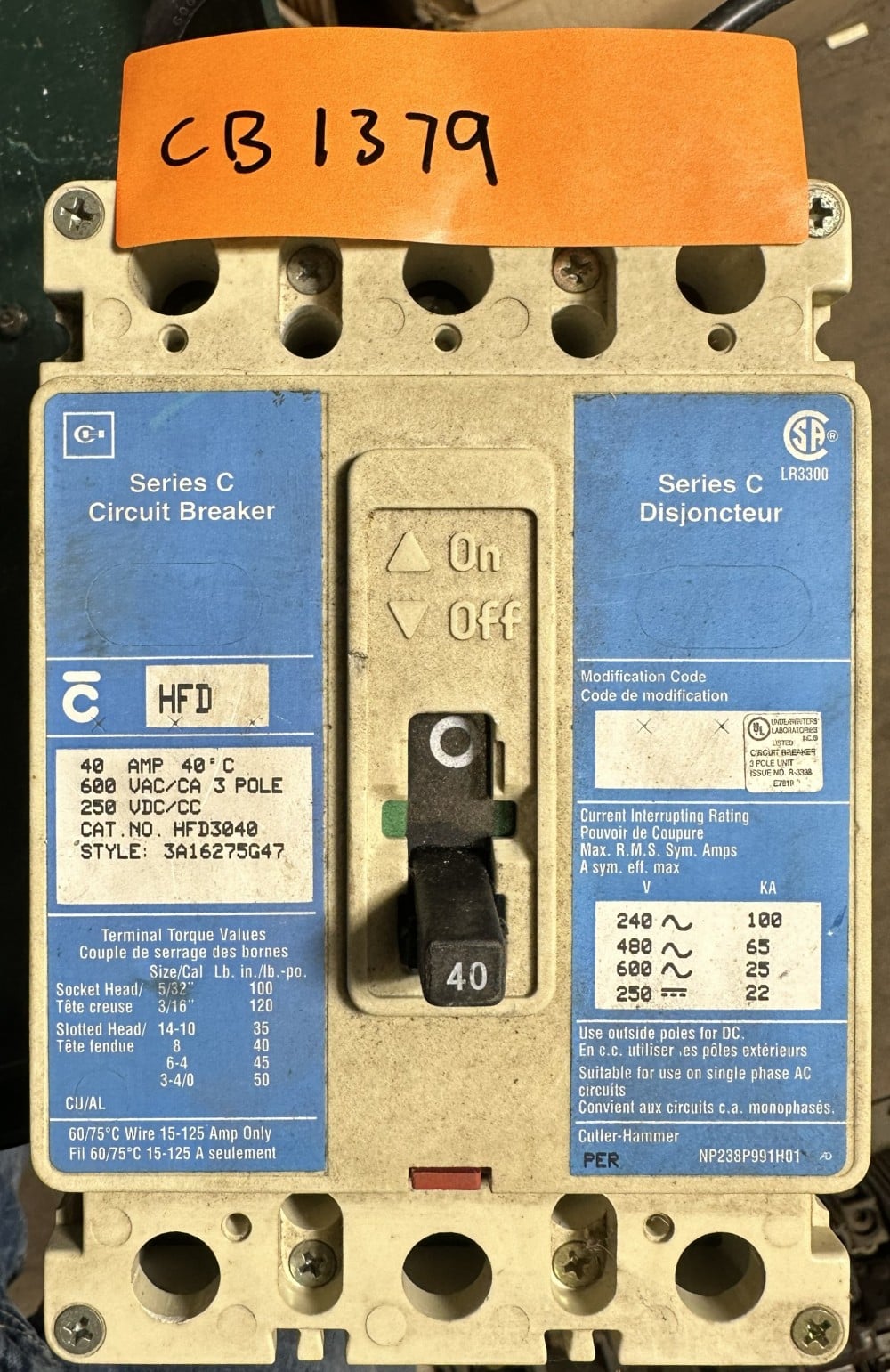 40 Amps, Cutler-Hammer, Series C, 3-Pole, Molded-Case Circuit Breaker, 600 Volts Max, Fixed-Trip - Image 1