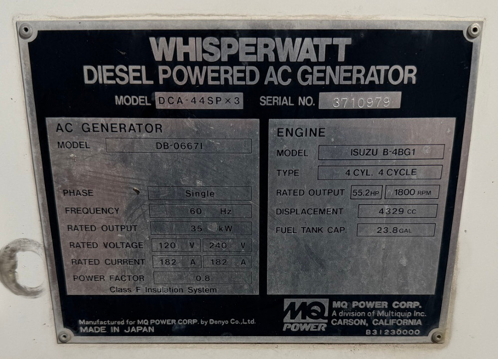 35 KW Multiquip #DCA-44SPx3, diesel generator set, 120/240 Volts, 1-phase, 1800 RPM, Isuzu B-4BG1 engine - Image 7