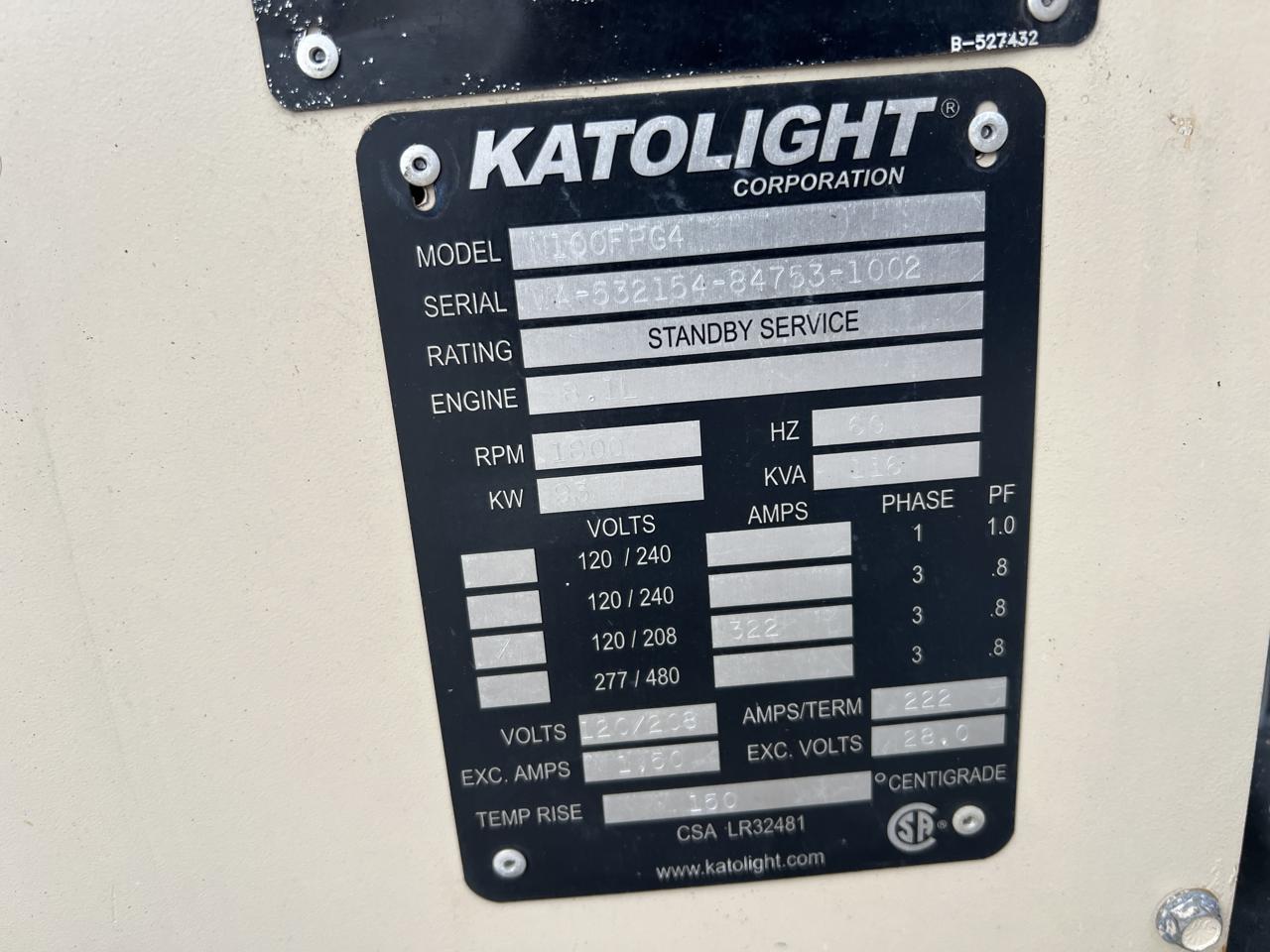 100 KW Kato light #100FPG4, NG/LP generator set, 120/208 Volts, 1/3 phase, 8.1L PSI engine, enclosed, 114 - Image 9
